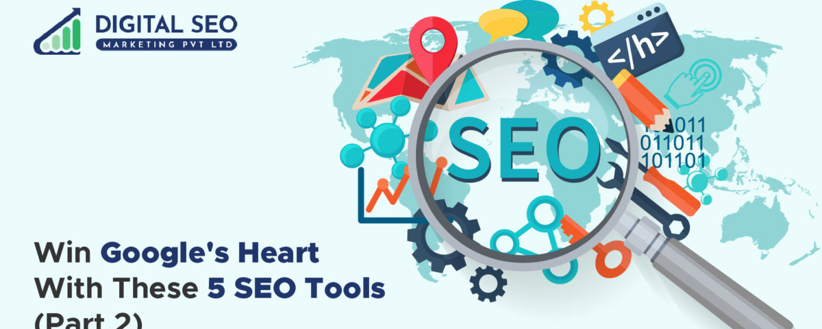 Poster of Digital seo showing magnifying lens pointing towards SEO tools and how it helps to win Google heart's