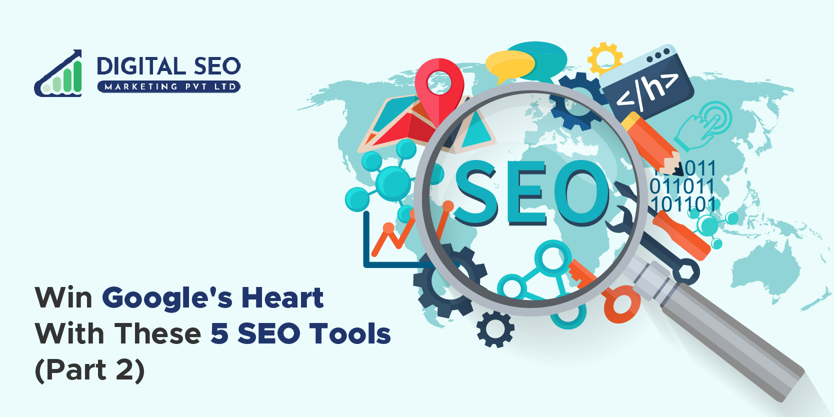 Poster of Digital seo showing magnifying lens pointing towards SEO tools and how it helps to win Google heart's