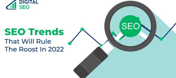 A Dgital SEO colours themed trend line for SEO being analysed through a looking glass in the right half and the text 'SEO Trends' in Green and 'That will rule the roost in 2022' in blue placed left centre, with the stately logo of DigitalSEO placed in top left corner.